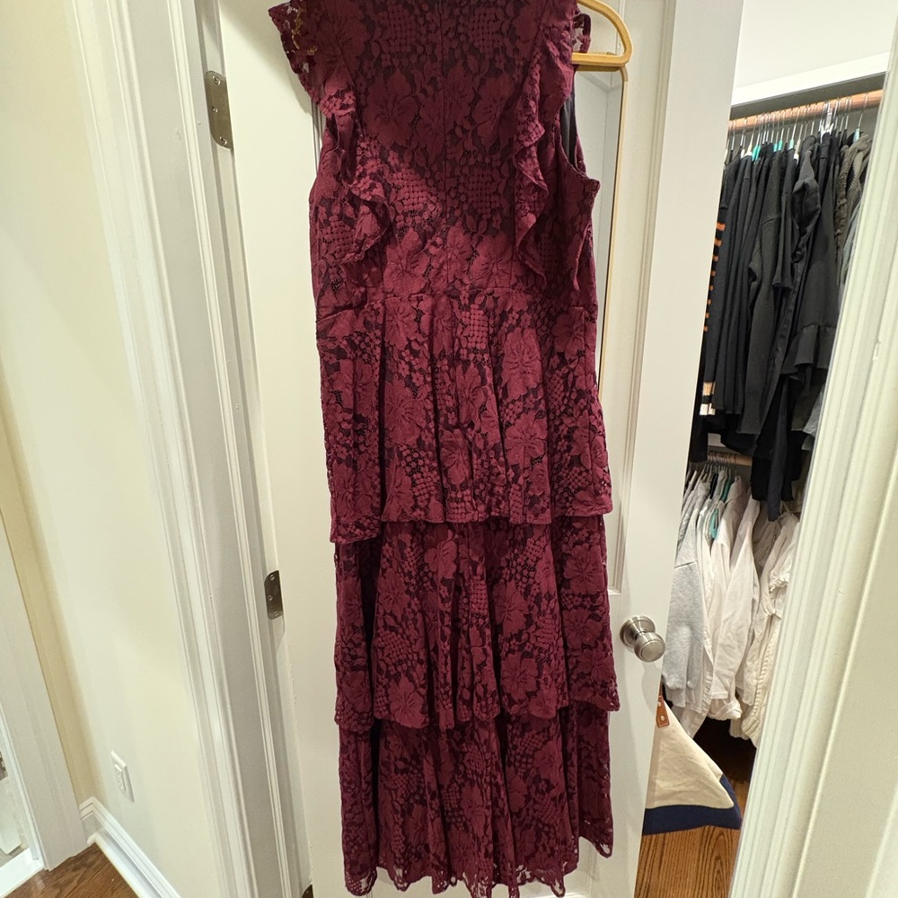 Lulus Burgundy Lace Ruffled Tiered Sleeveless Maxi Dress - Picture 3 of 7